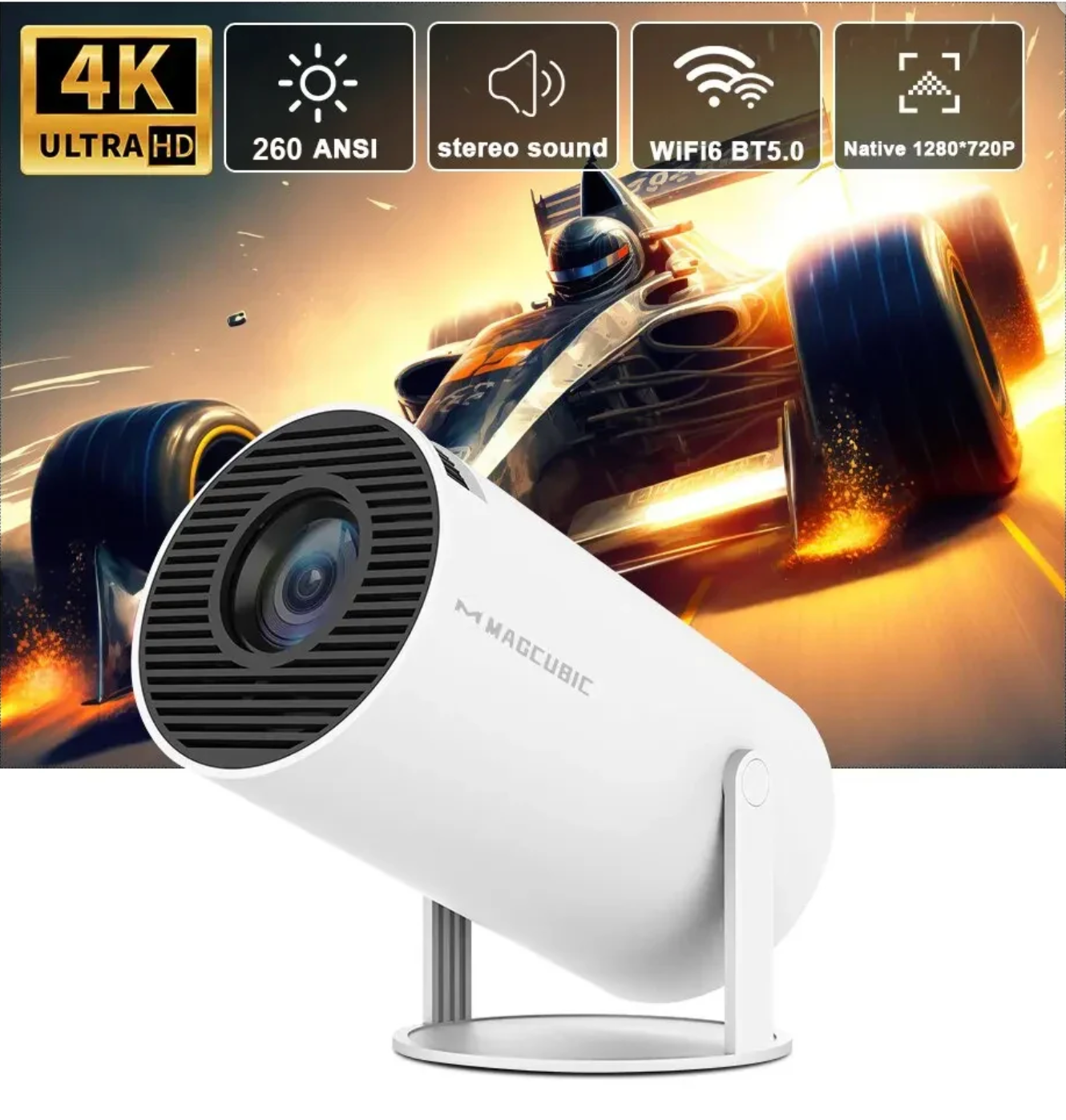 MagCubic HY300 Pro 4k Android Projector ⎯ WiFi 6, 260 ANSI Lumens, Bluetooth 5.0, Home & Outdoor Cinema